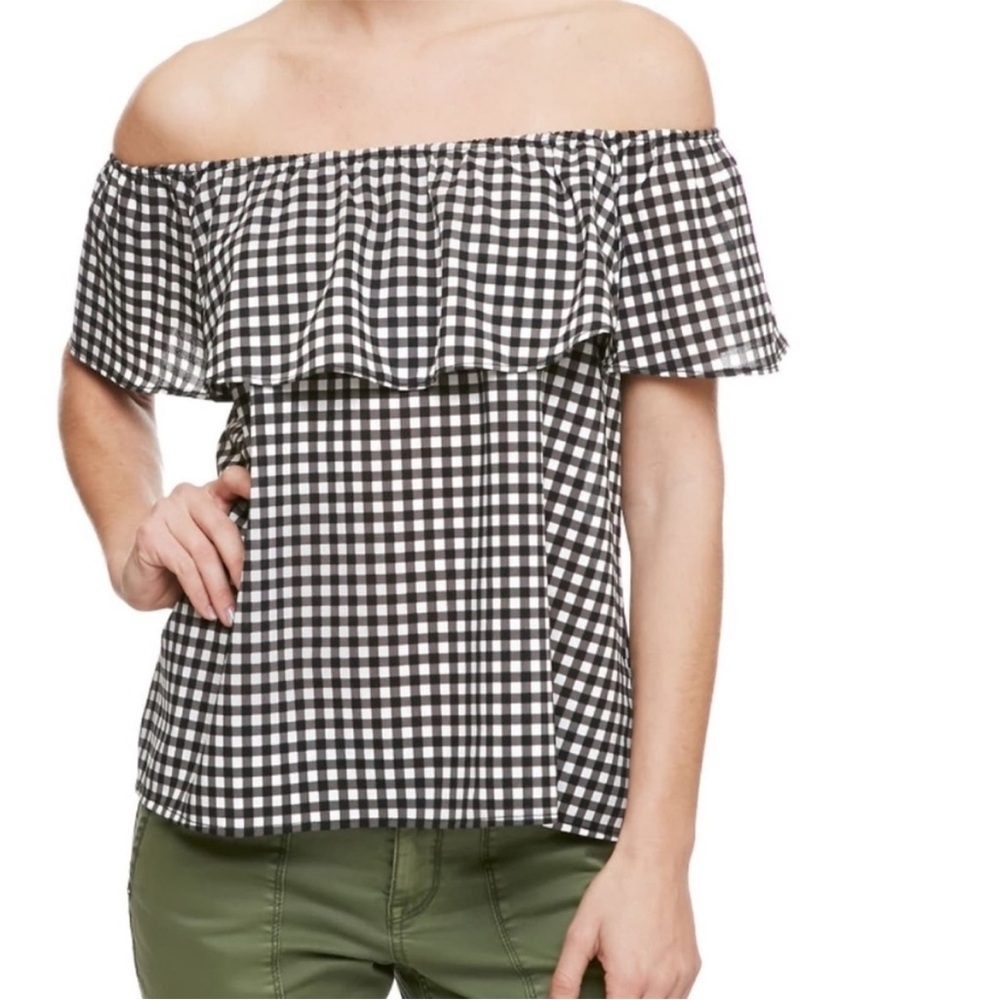 Anthropologie Sanctuary Black White Off‎ Shoulder Blouse Top in Size Medium